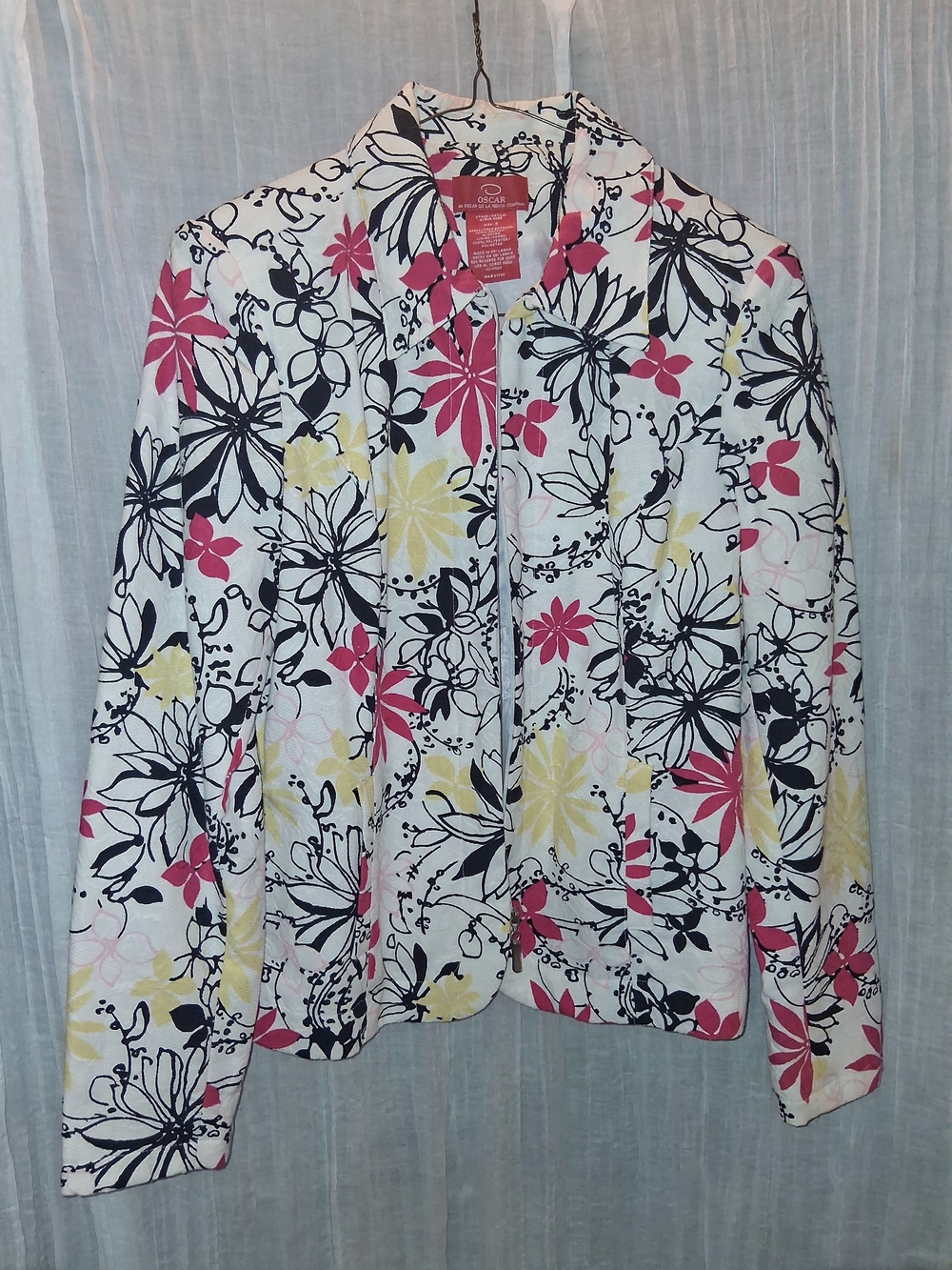 Oscar de la Renta Floral Print Blazer in White, Pink & Yellow